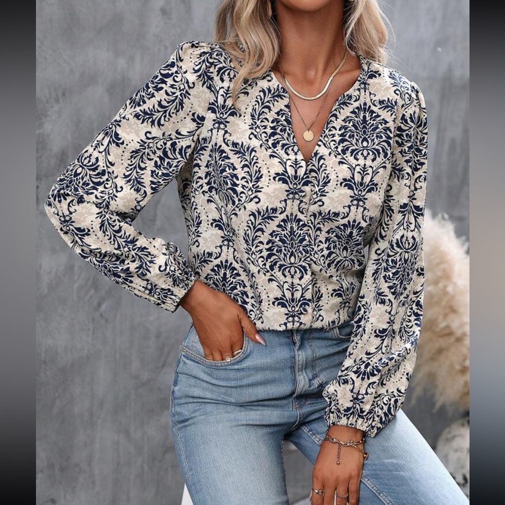 Boho floral print lantern sleeve notched neck blouse